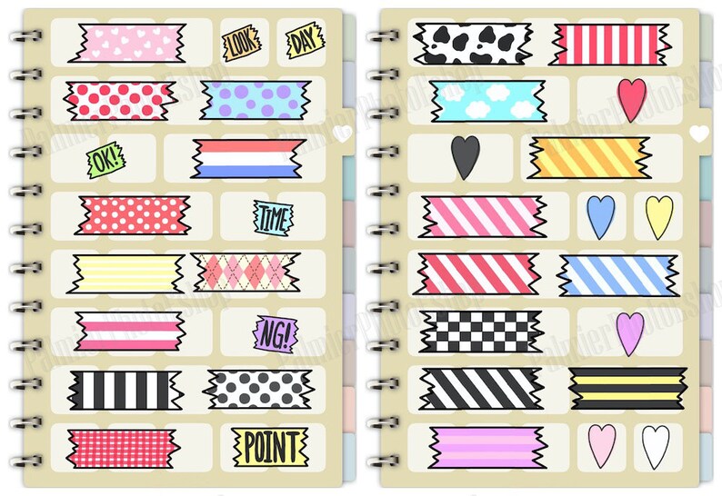 May include: A set of colorful washi tape with different patterns, including polka dots, stripes, hearts, and checkered designs. The tape is arranged in two columns on a beige background. The text "LOOK", "DAY", "OK!", "TIME", "NG!", and "POINT" are also included on the tape.