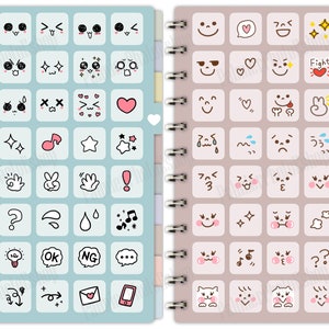 Puede incluir: Dos p&aacute;ginas de un cuaderno de espiral con una variedad de emoticonos y s&iacute;mbolos dibujados a mano. La p&aacute;gina izquierda es azul claro y la p&aacute;gina derecha es rosa claro. Los emoticonos incluyen caras felices, tristes, enojadas, sorprendidas y corazones.
