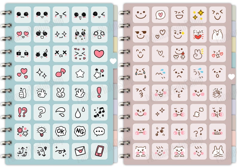 Puede incluir: Dos p&aacute;ginas de un cuaderno de espiral con una variedad de emoticonos y s&iacute;mbolos dibujados a mano. La p&aacute;gina izquierda es azul claro y la p&aacute;gina derecha es rosa claro. Los emoticonos incluyen caras felices, tristes, enojadas, sorprendidas y corazones.