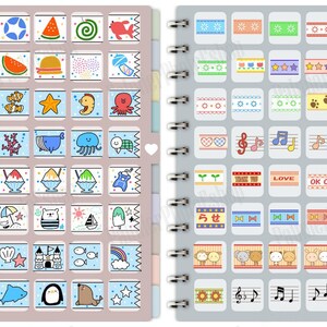 May include: A pink and gray notebook with two sections. The left side features colorful stickers with summer themes, including watermelon, ice cream, and a penguin. The right side features colorful washi tape borders with various designs, including stars, flowers, and musical notes. The text "LOVE", "OK OK", and "お知" is visible on the washi tape.