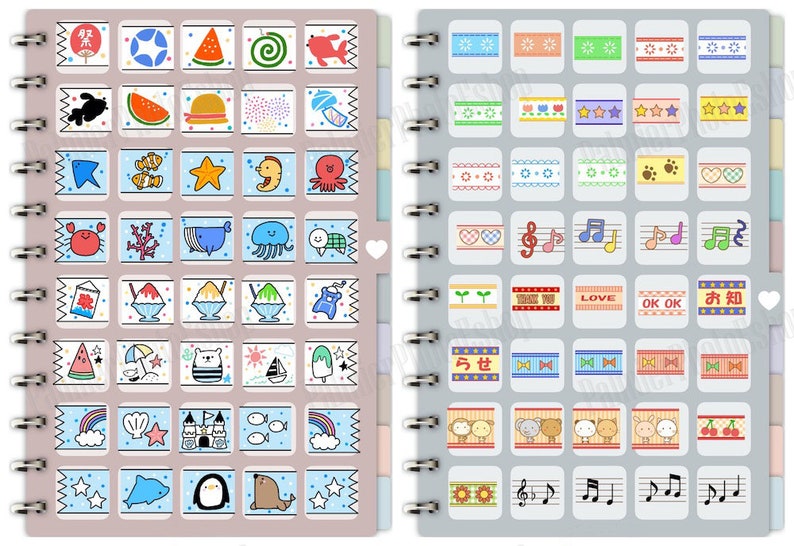 May include: A pink and gray notebook with two sections. The left side features colorful stickers with summer themes, including watermelon, ice cream, and a penguin. The right side features colorful washi tape borders with various designs, including stars, flowers, and musical notes. The text "LOVE", "OK OK", and "お知" is visible on the washi tape.