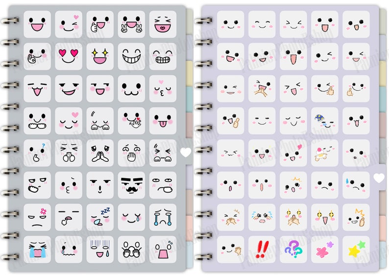 Puede incluir: Una libreta de espiral gris y p&uacute;rpura con una variedad de caras de dibujos animados en blanco y negro en cada p&aacute;gina. Las caras tienen diferentes expresiones, incluyendo feliz, triste, sorprendido y enojado.