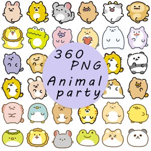 May include: A set of 360 cartoon animal illustrations in PNG format. The animals are all round and have different expressions. The text "360 PNG Animal Party" is in the center of the image.