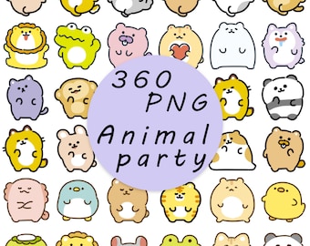 Könnte beinhalten: Ein Set mit 360 Cartoon-Tierillustrationen im PNG-Format. Die Tiere sind alle rund und haben verschiedene Gesichtsausdrücke. Der Text "360 PNG Animal Party" befindet sich in der Mitte des Bildes.