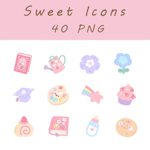 May include: A collection of pastel-colored illustrations featuring various sweet icons. The image includes a book, watering can, flowers, a graduation cap, a paint palette, a shooting star, a cupcake, a cake roll, a baby bottle, and a cookie. Text at the top reads "Sweet Icons 40 PNG."