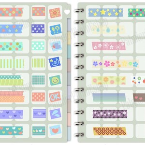 May include: A notebook with a spiral binding and two pages filled with colorful washi tape designs. The designs include stars, polka dots, stripes, flowers, fruit, and hearts.