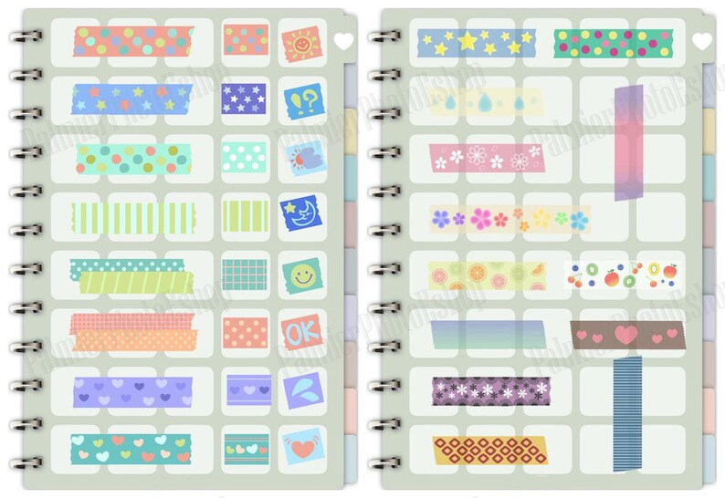 May include: A notebook with a spiral binding and two pages filled with colorful washi tape designs. The designs include stars, polka dots, stripes, flowers, fruit, and hearts.