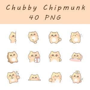 May include: A set of 12 digital illustrations featuring a cute, chubby chipmunk in various poses. The chipmunk is light brown with a white belly and has big, round eyes. The illustrations are perfect for adding a touch of whimsy to your projects.