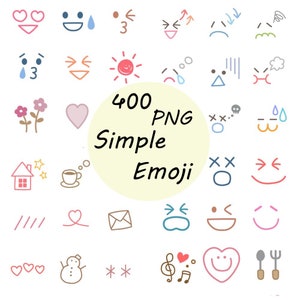 May include: A collection of 400 simple hand-drawn emojis in various colors, including hearts, stars, flowers, houses, coffee cups, and smiley faces. The text "400 PNG Simple Emoji" is written in a yellow circle.