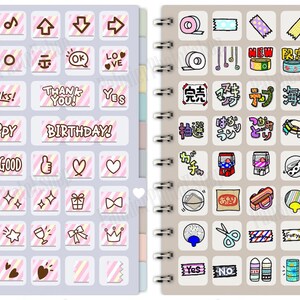 May include: A set of two sticker books with a variety of colorful stickers. The left book has stickers with hearts, stars, arrows, and words like "Happy" and "Birthday!" The right book has stickers with Japanese characters, tape rolls, and other fun designs.