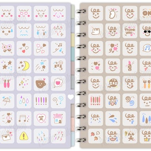 Puede incluir: Un cuaderno espiral con dos p&aacute;ginas de iconos y s&iacute;mbolos dibujados a mano en color. La p&aacute;gina izquierda tiene un fondo morado claro y la p&aacute;gina derecha tiene un fondo marr&oacute;n claro. Los iconos incluyen corazones, estrellas, flores, notas musicales y varias expresiones faciales.