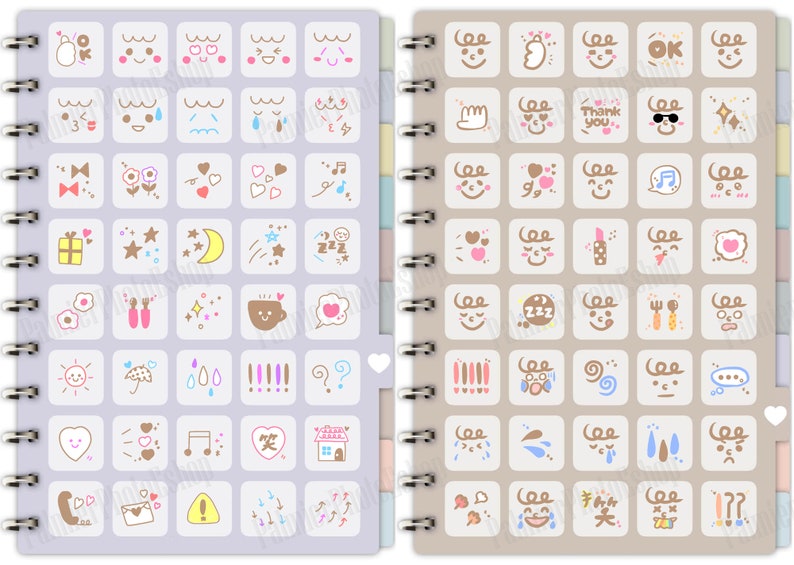 Puede incluir: Un cuaderno espiral con dos p&aacute;ginas de iconos y s&iacute;mbolos dibujados a mano en color. La p&aacute;gina izquierda tiene un fondo morado claro y la p&aacute;gina derecha tiene un fondo marr&oacute;n claro. Los iconos incluyen corazones, estrellas, flores, notas musicales y varias expresiones faciales.