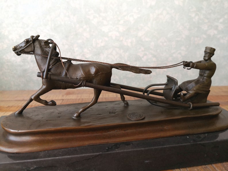 Reins for Horses Winter Sleigh Sleigh and horse Horse and Cart Sculpture Horse sleigh Vintage Bronze Sculpture Interior Sculpture