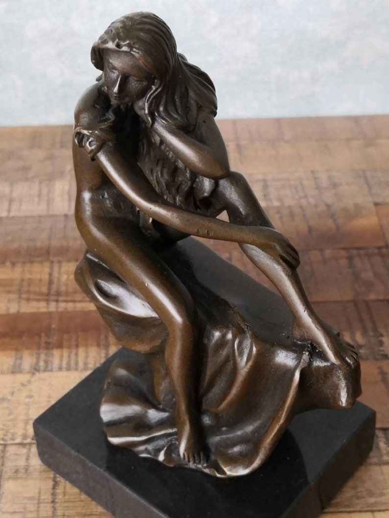 Bronze Vintage Sculpture on Marble Base Bronze Statue Lovely nude Girl with long hair Foundry Mark, Act of a Woman Gift Idea