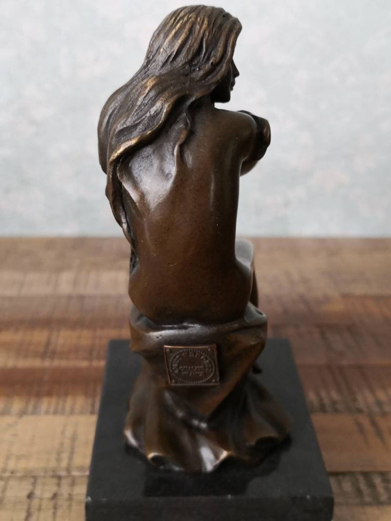 Bronze Vintage Sculpture on Marble Base Bronze Statue Lovely nude Girl with long hair Foundry Mark, Act of a Woman Gift Idea