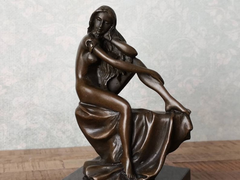 Bronze Vintage Sculpture on Marble Base Bronze Statue Lovely nude Girl with long hair Foundry Mark, Act of a Woman Gift Idea
