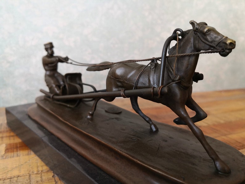 Reins for Horses Winter Sleigh Sleigh and horse Horse and Cart Sculpture Horse sleigh Vintage Bronze Sculpture Interior Sculpture