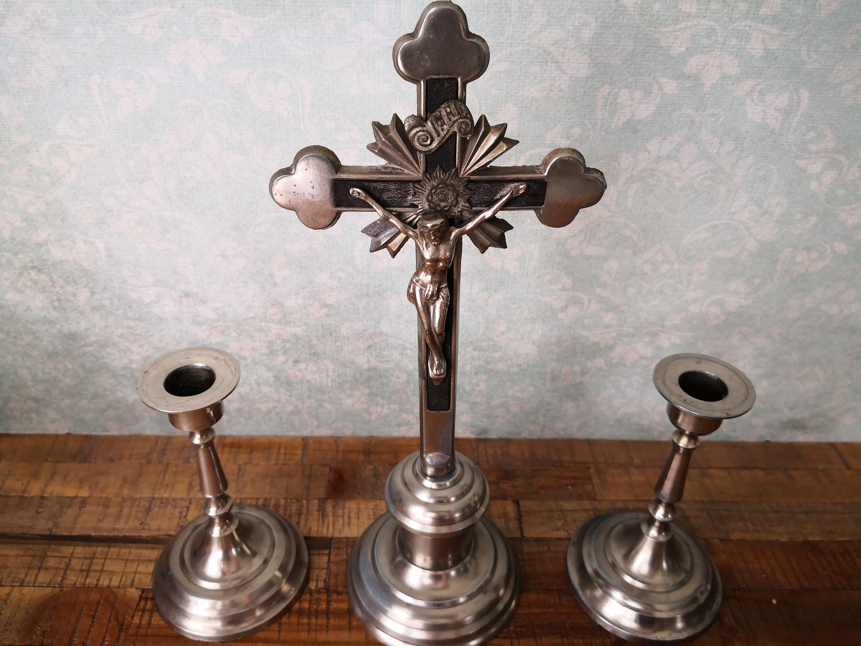 Antique crucifix with taper candle holders standing table Etsy