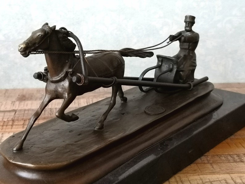 Reins for Horses Winter Sleigh Sleigh and horse Horse and Cart Sculpture Horse sleigh Vintage Bronze Sculpture Interior Sculpture