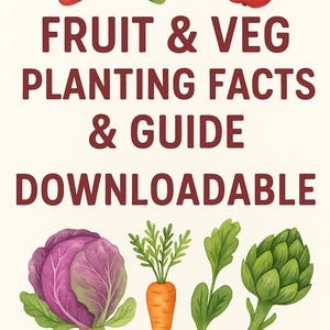 May include: A watercolor illustration featuring a strawberry, blueberries, a flower, and an apple above the text "FRUIT & VEG PLANTING FACTS & GUIDE DOWNLOADABLE." Below are a purple cabbage, carrot, spinach, and artichoke.