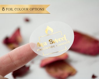 May include: A clear round sticker with gold foil lettering that reads "Ava Sweet Handmade Candles". A flame icon is above the text.