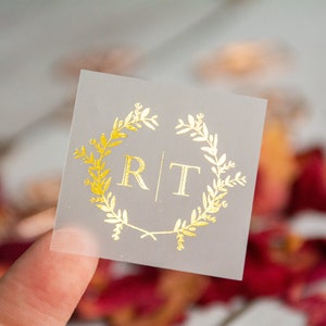 Autocollants de mariage personnalisés, étiquettes de mariage en feuille d’or réelle, papeterie de mariage personnalisée, sceaux d’enveloppe en or rose, autocollants monogramme de feuille d’olivier