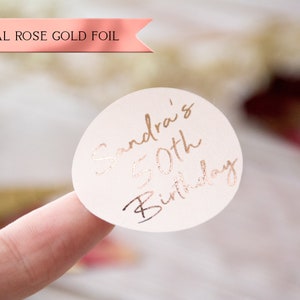 Personalized Rose Gold Foil Birthday Stickers, Custom Foiled Pink Stickers, Gold Birthday Party, Sweet 16 Stickers, Handwritten Font Sticker