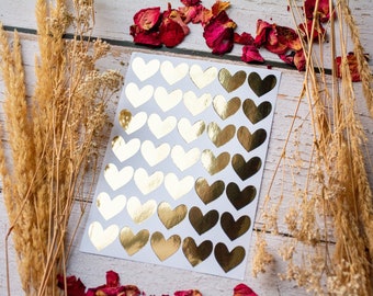 Set of 35 Real Gold Foil Heart Stickers, Love Heart Valentines Stickers, Shiny Scrapbook Journal Stickers, Metallic Labels Staionary Invite