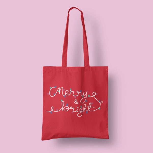 Tote Bag, Merry and Bright, White Text