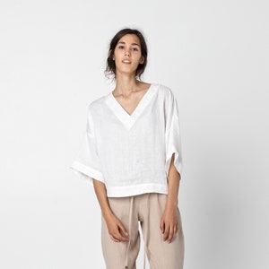 Loose elbow sleeve linen blouse, Linen blouse, Linen loose blouse, Linen shirt for women | SELLI