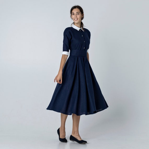 1950s Swing Dress Peter Pan Collar Dress Linen Dress Midi Etsy