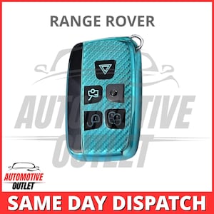 May include: A turquoise blue key fob with a carbon fibre pattern and a silver key ring. The key fob has five buttons, including a lock, unlock, and boot button. The key fob is for a Range Rover.