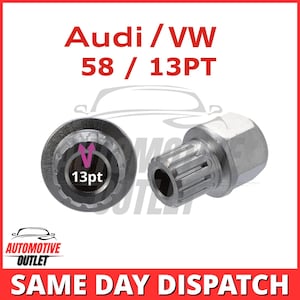 Op de afbeelding: Een zilveren metalen wielmoersleutel met een 13-puntige dop en een maat van 58 mm. De sleutel wordt gebruikt om wielmoeren van auto's te verwijderen en te installeren.