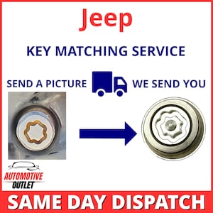 May include: A Jeep key matching service graphic featuring the text Jeep, KEY MATCHING SERVICE, SEND A PICTURE, WE SEND YOU, and AUTOMOTIVE OUTLET. The image displays a silver wheel lock nut with a star-shaped pattern and a blue arrow.