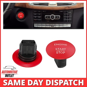 May include: A red engine start stop button for a vehicle dashboard. The circular button features the white text ENGINE START STOP. One view shows the top surface with the text, while the other shows the black plastic base and connector.