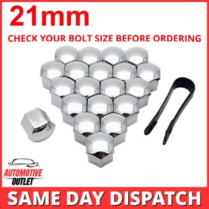May include: A set of twenty-one chrome-finished hexagonal bolt covers measuring 21mm, arranged in a triangular formation with one separate cover and a black plastic removal tool. The text 21mm and CHECK YOUR BOLT SIZE BEFORE ORDERING is visible.