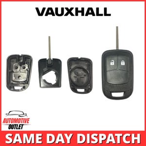 Peut inclure: Un boîtier de remplacement pour clé de voiture Vauxhall noir avec une lame en métal, présenté en quatre parties incluant la coque avant, la coque arrière, le boîtier interne et la télécommande assemblée avec des icônes de verrouillage.