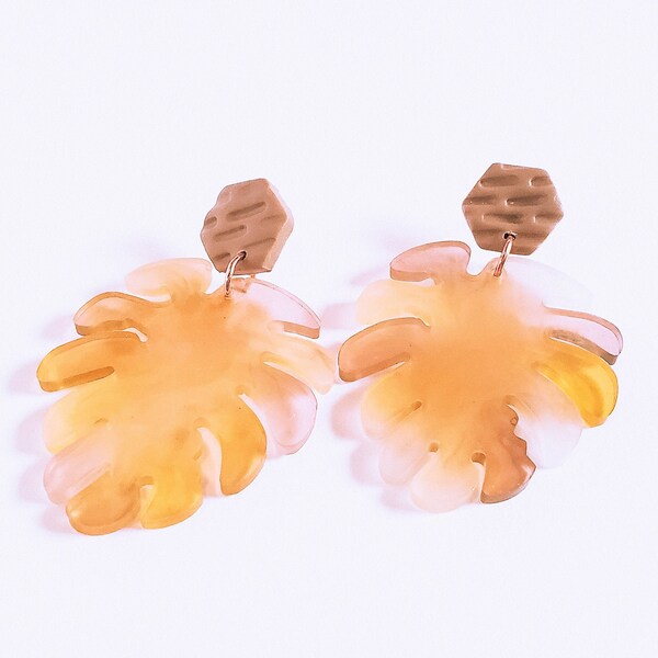 Tan polymer clay earrings | Yellow marbled leaf statement jewelry | Marbled handmade earrings |  acrylic earrings gift for her