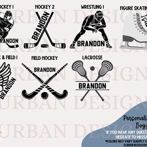 May include: A set of 10 personalized sport-themed charms with black and white illustrations of hockey sticks, a figure skate, a wrestling pose, a track and field runner, a lacrosse stick, and a field hockey stick. The charms are customizable with names like "Brandon" and "Isabella".