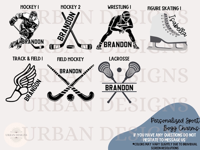 May include: A set of 10 personalized sport-themed charms with black and white illustrations of hockey sticks, a figure skate, a wrestling pose, a track and field runner, a lacrosse stick, and a field hockey stick. The charms are customizable with names like "Brandon" and "Isabella".