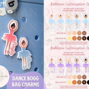 May include: A chart with customization options for ballerina bag charms. The chart shows different skin tones and hair colors for the ballerina. The text on the chart says "Ballerina Customization Options" and "Use this chart to help with personalizing your ballerina".