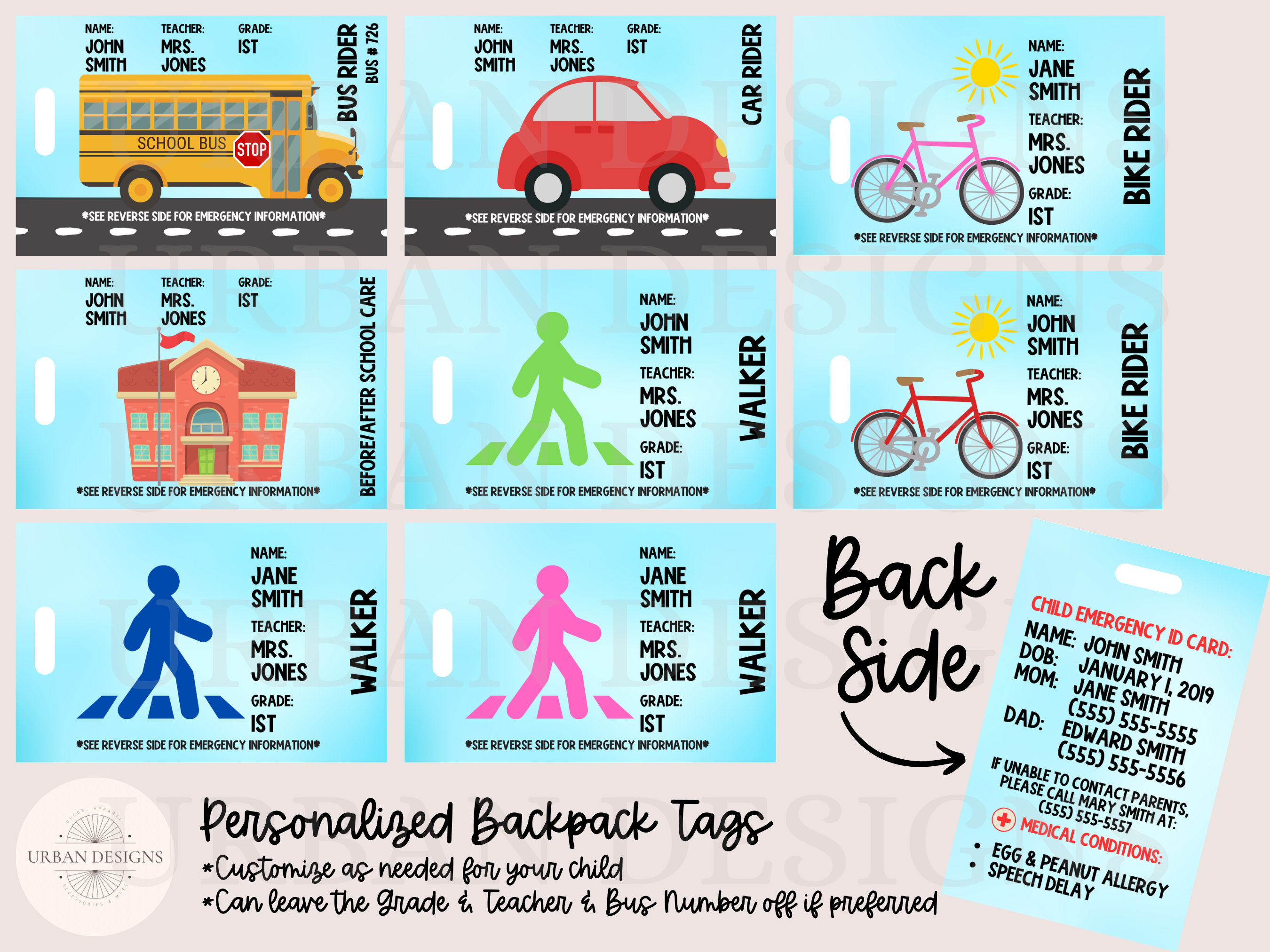 Personalized Backpack Tag, Back to School, Backpack Tags, Student Tag, Bus Rider, School Items, Emergency Tag, Emergency Contact Information