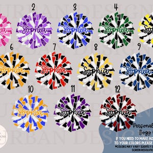 May include: Twelve different designs of cheer pom poms with the name "Sophia" written on each one. The pom poms are in various colors, including pink, purple, green, yellow, red, and blue.