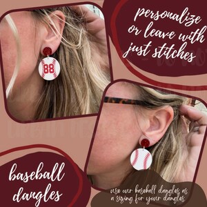 May include: A pair of white baseball earrings with red stitching and a red glitter accent. The earrings are shown on a model's ears. The text "personalize or leave with just stitches" is shown in the top right corner of the image. The text "baseball dangles" is shown in the bottom left corner of the image. The text "use our baseball dangles as a sizing for your dangles" is shown in the bottom right corner of the image.