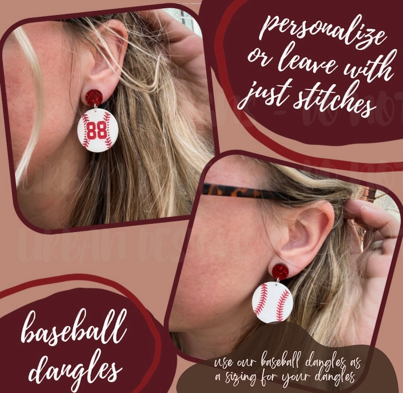 May include: A pair of white baseball earrings with red stitching and a red glitter accent. The earrings are shown on a model's ears. The text "personalize or leave with just stitches" is shown in the top right corner of the image. The text "baseball dangles" is shown in the bottom left corner of the image. The text "use our baseball dangles as a sizing for your dangles" is shown in the bottom right corner of the image.