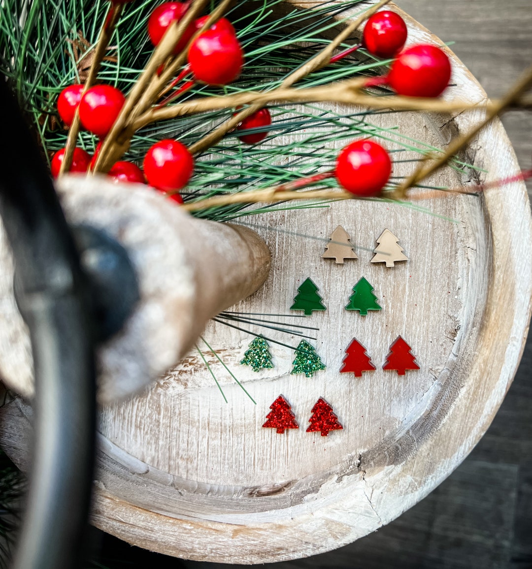 Ag Sterling Deep Green and Red Christmas Tree Stud Earrings main image 1