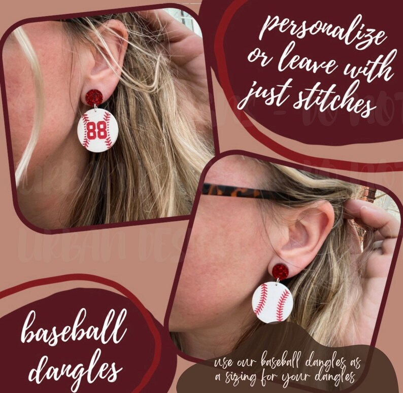 May include: A pair of white baseball earrings with red stitching and a red glitter accent. The earrings are worn by a person with blonde hair. The text "personalize or leave with just stitches" is in the background.