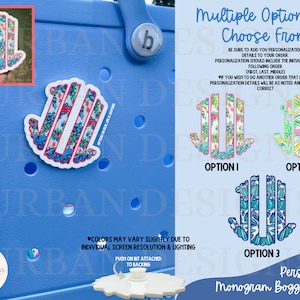 May include: Three different monogram designs for personalized Bogg charms. The designs feature a floral pattern in pink, blue, and green. The text "Multiple Options To Choose From" is at the top of the image. The text "Personalized Monogram Bogg Charms" is at the bottom of the image.