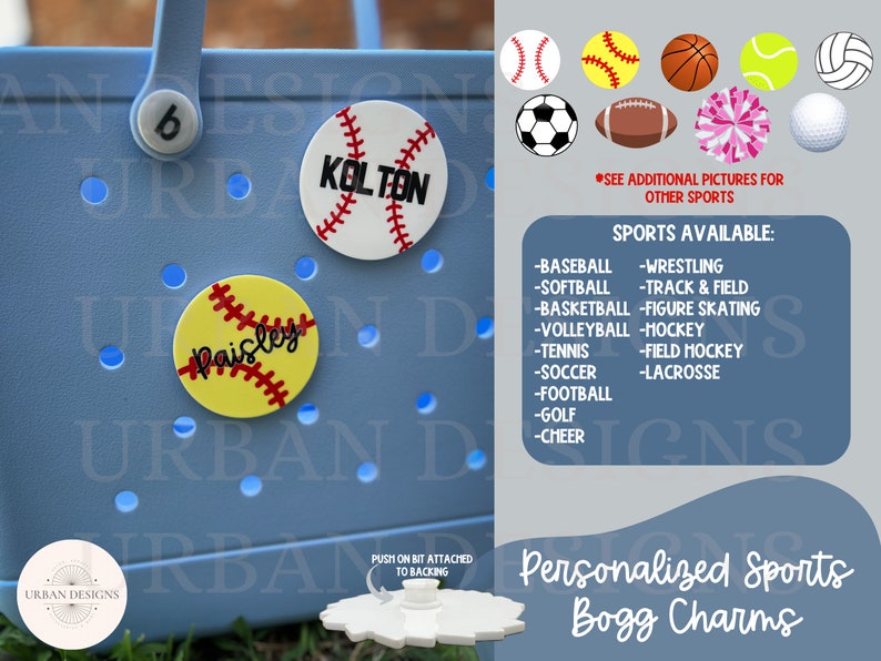 May include: Personalized sports-themed Bogg charms with names "Kolton" and "Paisley" on a blue tote bag. The charms are shaped like baseballs and softballs. The image also shows a list of sports available for customization.