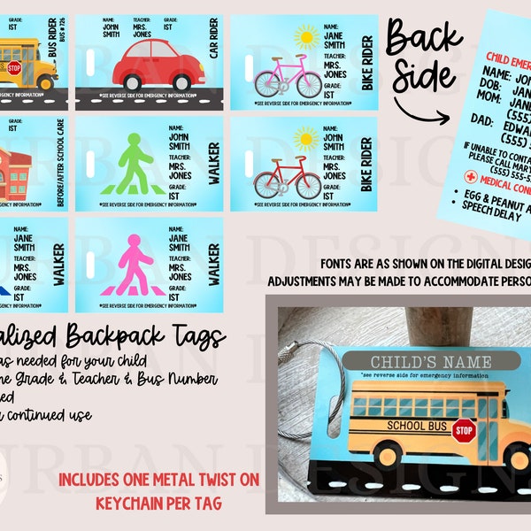 Personalized Backpack Tag, Back to School, Backpack Tags, Student Tag, Bus Rider, School Items, Emergency Tag, Emergency Contact Information